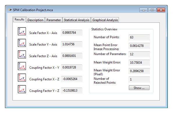 microCal - Results window: Scale and shear are calculated in all three spatial axes. The overall error gives an overview of the achieved accuracy.